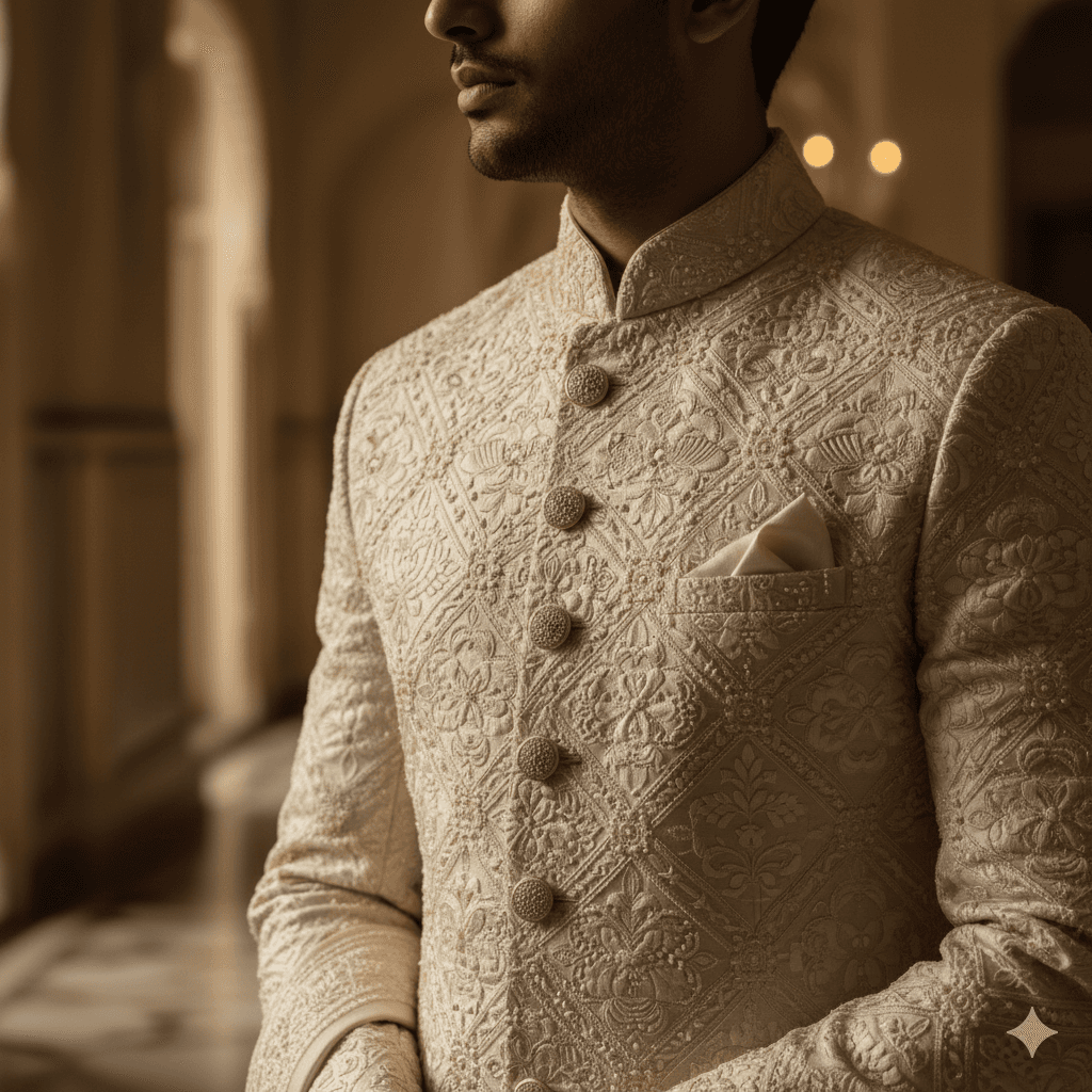 2026 Groomwear Trends You Will See Everywhere This Wedding Season - 2. Textured Sherwanis with Sculpted Detailing