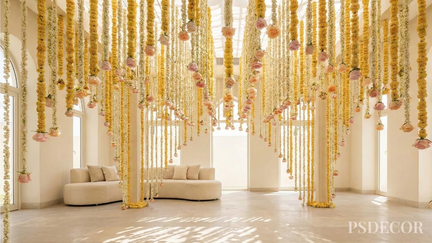 Best Mehndi Decor Ideas for 2026 That Look Grand in Photos - 1. Floral Ceiling Installations That Frame, Not Overpower