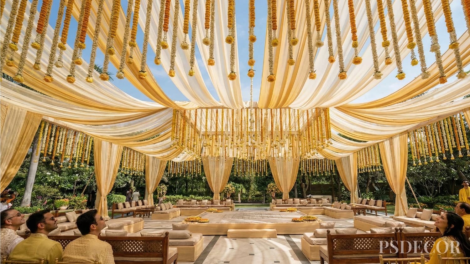 2026 Haldi Decor Trends: Fresh, Vibrant & Totally Instagrammable - 7. Floral Ceiling Installations