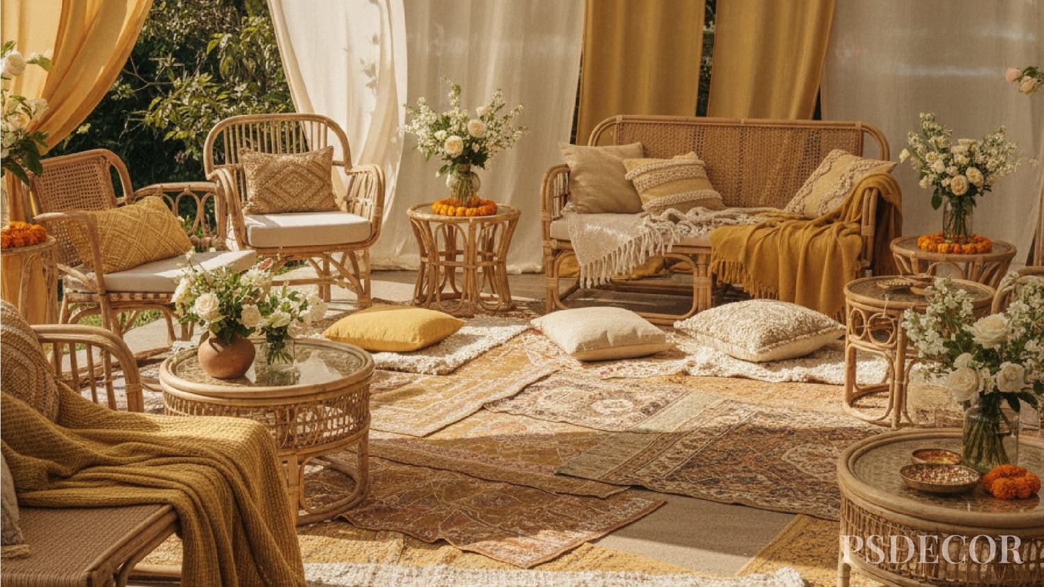 2026 Haldi Decor Trends: Fresh, Vibrant & Totally Instagrammable - 5. Bohemian Haldi with Cane, Rattan & Textiles