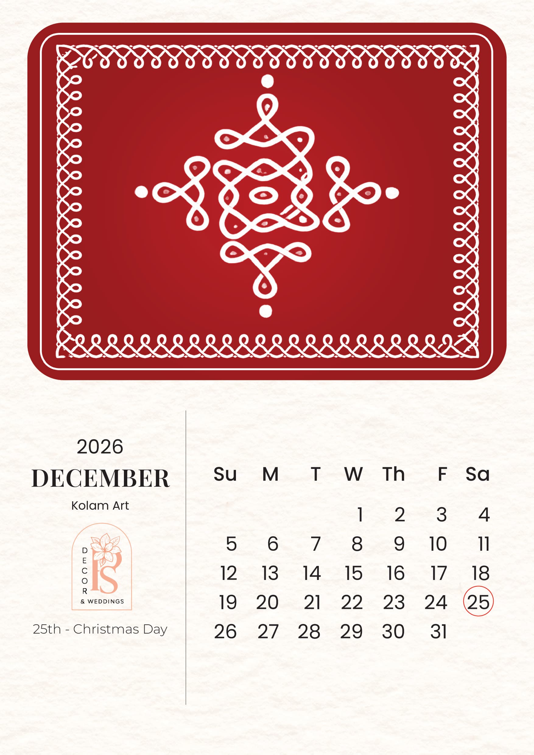 PS Décor Calendar 2026: A Year Where Art Blooms, and Flowers Tell Stories - December - Kolam Art