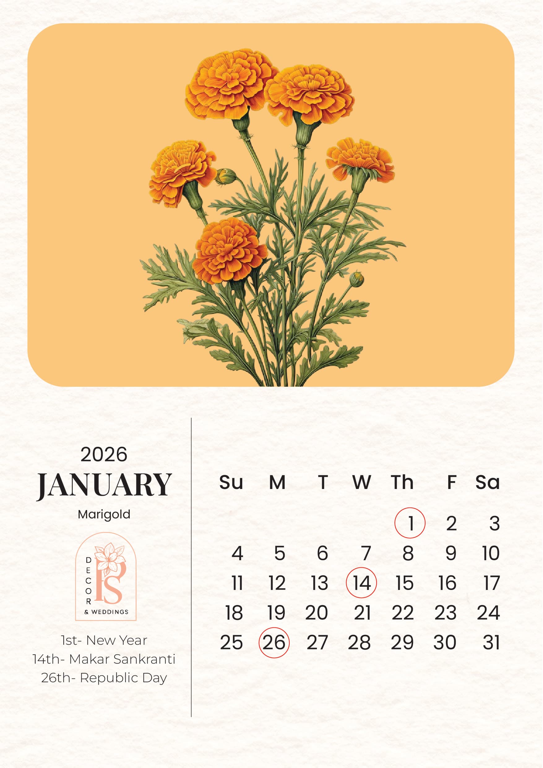 PS Décor Calendar 2026: A Year Where Art Blooms, and Flowers Tell Stories - January - Marigold
