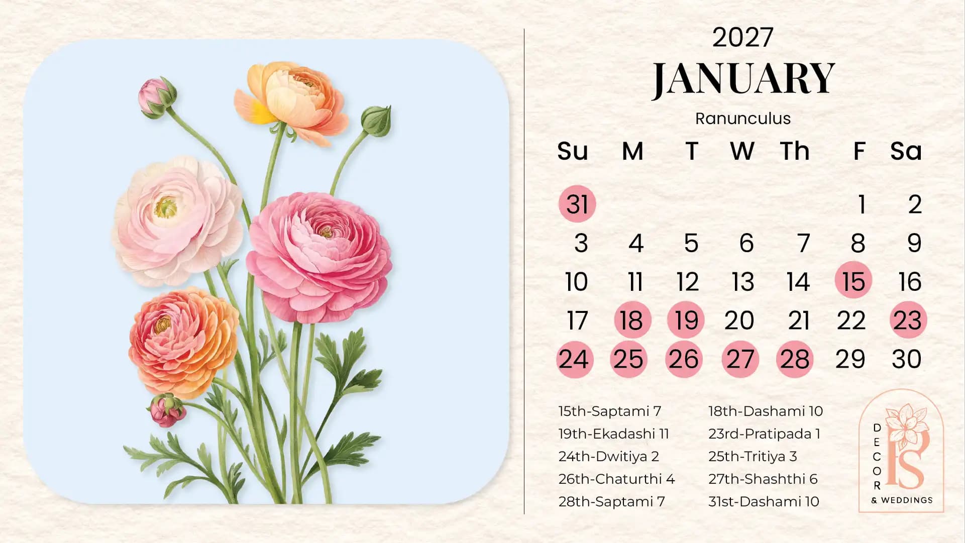 Shubh Vivah Muhurat 2026–27: Auspicious Wedding Dates According to Sanatan Jyotish & Panchang - January 2027 – Paush