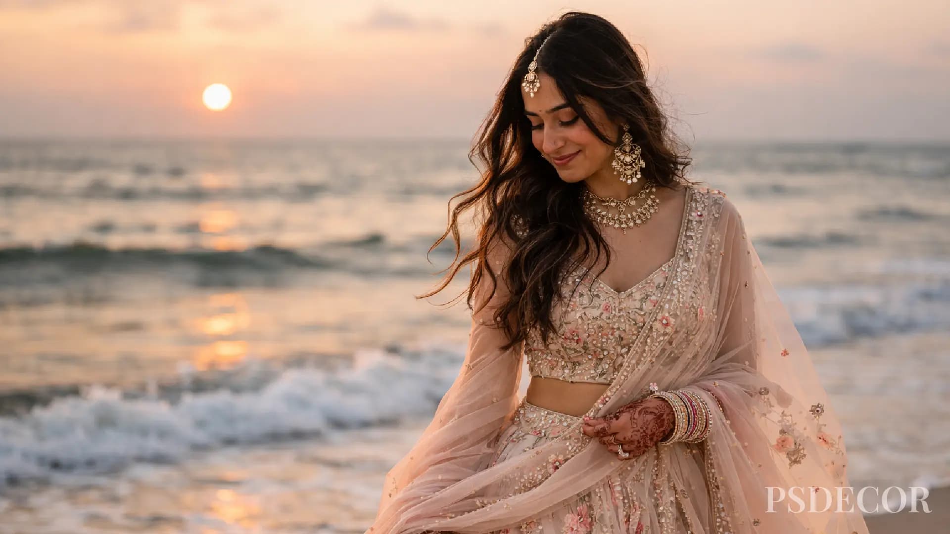 Salt, Silk & Sunsets: Dreamy Bridal Outfit Ideas for Beach and Destination Weddings - Flowing Lehengas Perfect for Oceanfront Weddings