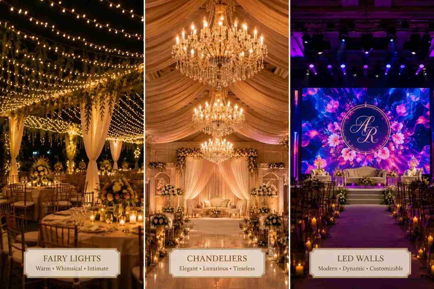 Lighting Design for Weddings: Fairy Lights vs Chandeliers vs LED Walls - Wedding decoration by PS Decor in India